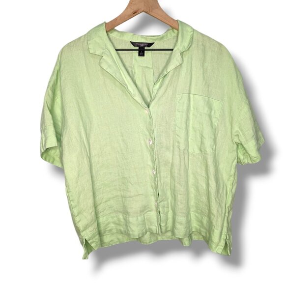 100% Linen Banana Republic Button Up Shirt Boxy Lime Green Blouse Short Sleeve L - Picture 1 of 5